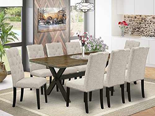 East West Furniture X677EL635-9 9-Piece Dining Set - Dinner Table Rectangular Top - 8 Beautiful Dining Chairs Padded Seat and Back (Distressed Espresso & Wire Brushed Black Finish) East West Furniture