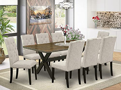 East West Furniture X677EL635-9 9-Piece Dining Set - Dinner Table Rectangular Top - 8 Beautiful Dining Chairs Padded Seat and Back (Distressed Espresso & Wire Brushed Black Finish) - WoodArtSupply