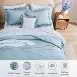 BLOOMHAVEN Queen Comforter Set - 7 Pieces Ruffle Blue Bedding Sets, Shabby Chic Farmhouse Bed in a Bag Queen with Ruffle Comforter, Floral Sheets, Pillowcases & Shams BLOOMHAVEN