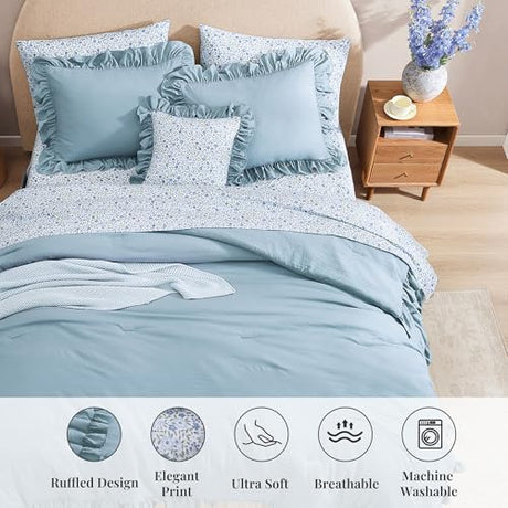 BLOOMHAVEN Queen Comforter Set - 7 Pieces Ruffle Blue Bedding Sets, Shabby Chic Farmhouse Bed in a Bag Queen with Ruffle Comforter, Floral Sheets, Pillowcases & Shams BLOOMHAVEN