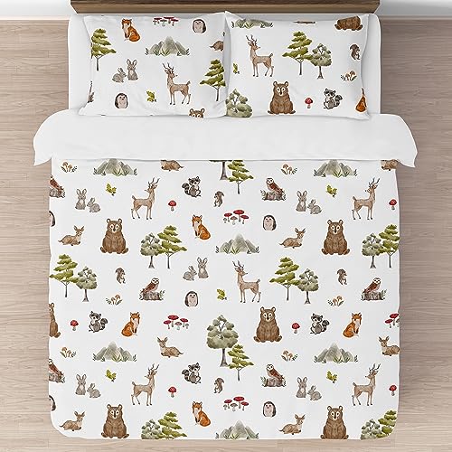 Sweet Jojo Designs Woodland Forest Animals Boy Girl Gender Neutral Unisex Queen Comforter Set Full Size Bedding Kids Teen Adult Bed Room 3pc Brown Bear Owl Animal Print Tree Deer Bunny Taupe Friends Sweet Jojo Designs