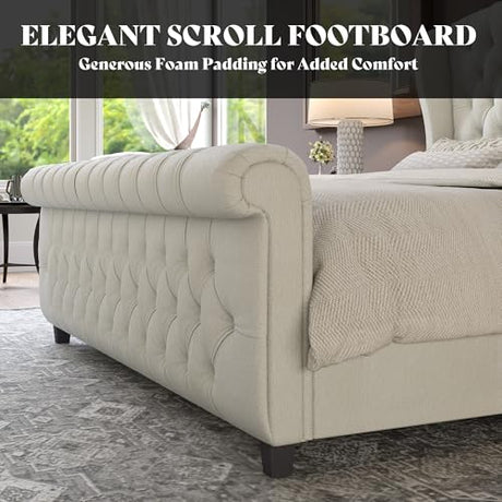 AMERLIFE California King Size Platform Bed Frame, Velvet Upholstered Sleigh Bed with Scroll Wingback Headboard & Footboard/Button Tufted/No Box Spring Required/Cream AMERLIFE