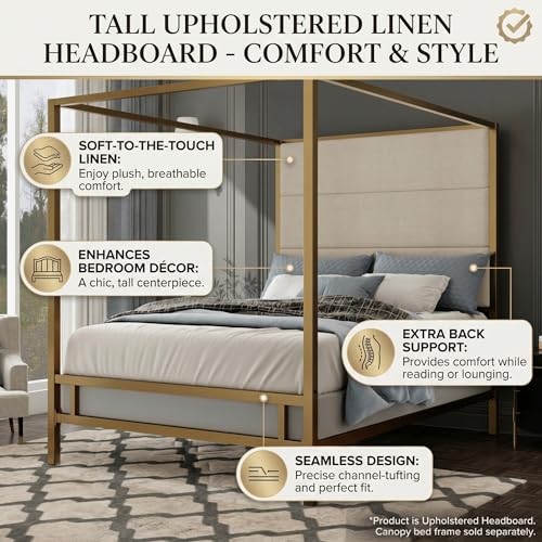 JIJIWANG Modern Gold Canopy Bed Frame with Tall Linen Fabric Upholstered Headboard Metal 4-Poster Bed, Box Spring Needed, (Queen,Gold)