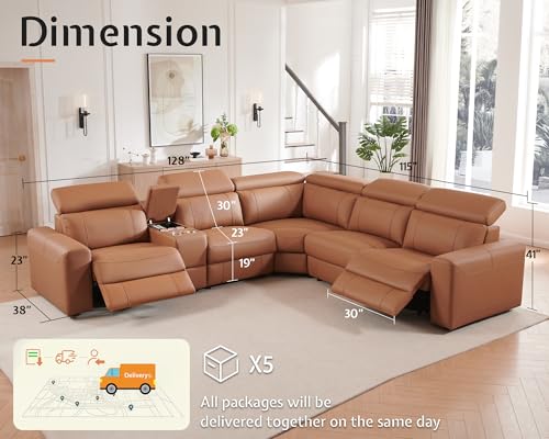 AMERLIFE Power Recliner Sectional Sofa with Storage/USB Port, Leather Recliner Sofa with Adjustable Headrest, Reclining Sectional Couches with Console and Cup Holder for Living Room (Brown, 5-Seater)