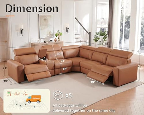 AMERLIFE Power Recliner Sectional Sofa with Storage/USB Port, Leather Recliner Sofa with Adjustable Headrest, Reclining Sectional Couches with Console and Cup Holder for Living Room (Brown, 5-Seater) AMERLIFE