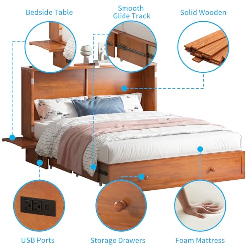 Mjkone Queen Murphy Bed, Cabinet Bed with Tri-fold Mattress/Built-in USB Charging Station/Drawers/Bedside Panel, Space Saving Hidden Adult Guest Beds, Murphy Chest Cabinet Beds for Bedroom - Cherry Mjkone