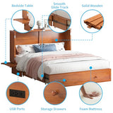 Mjkone Queen Murphy Bed, Cabinet Bed with Tri-fold Mattress/Built-in USB Charging Station/Drawers/Bedside Panel, Space Saving Hidden Adult Guest Beds, Murphy Chest Cabinet Beds for Bedroom - Cherry Mjkone