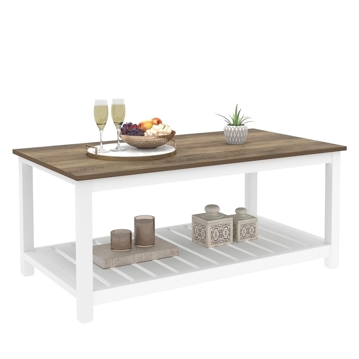 FOLUBAN Farmhouse Coffee Table with Storage Shelf, Rustic Vintage Wood Cocktail Table for Living Room, White FOLUBAN
