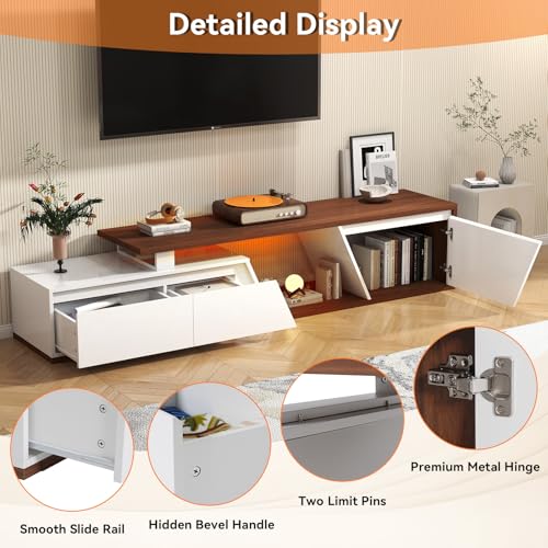 Verano Garden Extendable TV Stand with Led Lights, Wood TV Media Console with 2 Drawers & 1 Cabinet, Modern Entertainment Center Up to 90 Inch TV for Living Room Bedroom, 63" - 90.6" (White & Walnut) Verano Garden