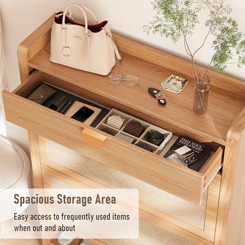 INNOD Rattan Shoe Storage Cabinet, Shoe Organizer with 2 Flip Drawers, Narrow Shoe Cabinet, Free Standing Hidden Shoe Storage, Shoe Rack for Entryway/Hallway/Closet, Natural Oak INNOD