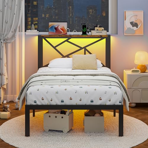 ChicZhiNest Twin Size Black Metal Bed Frame with USB Charging Station, LED Ambient Lighting, and Wooden Storage Headboard - Includes Under-Bed Storage, No Box Spring Needed, Noise Free, Easy Assembly ChicZhiNest