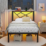 ChicZhiNest Twin Size Black Metal Bed Frame with USB Charging Station, LED Ambient Lighting, and Wooden Storage Headboard - Includes Under-Bed Storage, No Box Spring Needed, Noise Free, Easy Assembly ChicZhiNest