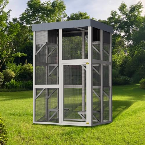 YOPTO 70.5" H Catio Outdoor Cat Enclosure,Cat House with Waterproof Roof and Large Enter Door,Wooden Shelter W/ 6 Jumping Platforms & 2 Napping Houses,Cats Cage for Walk in Kitten Kennel,Gray YOPTO