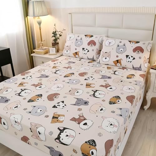 SDY 3PCS Dog Fitted Sheet, Doggy Print Pattern Bedding Sheet Full with Deep Pocket Fitted Sheet & 2 Pillowcases, Soft and Trendy, Kawaii Animals Cartoon Sheet for Boys, Girls and Teens, Full SDY