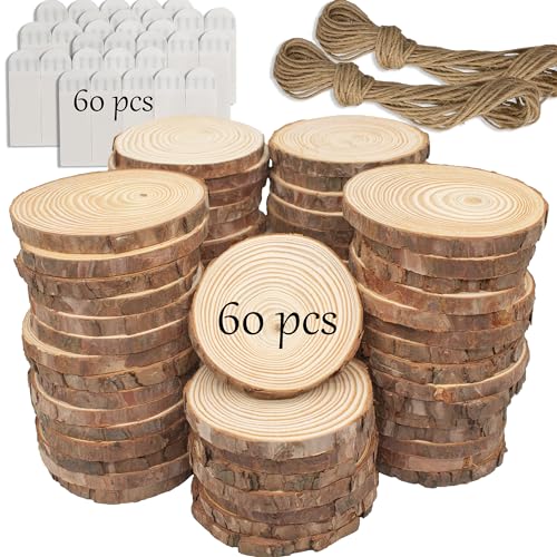 Unfinished Natural Wooden Slices 3.5-4 Inch Wood Circles for Crafts DIY Christmas Ornament Craft Wood Kit with Picture Hanging Strips,Blank Round Wood Slice with Bark for Art (Wood Slices 60 PCS) KXEXK