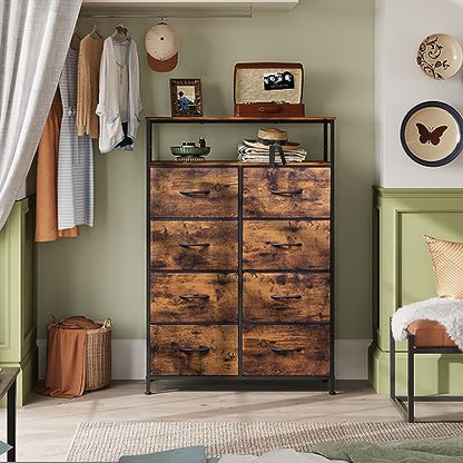 WLIVE Fabric Dresser for Bedroom with Open Shelves, Tall Dresser with 8 Drawers, Storage Tower with Fabric Bins, Chest of Drawers for Closet, Hallway, Rustic Brown Wood Grain Print - WoodArtSupply