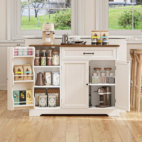 Gizoon Kitchen Coffee Bar Cabinet with Storage Kitchen Sideboard Buffet Cabinet with Drawers, Short Pantry with Door and Shelves for Bathroom and Living Room, White and Rustic Gizoon