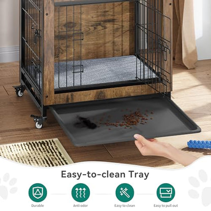 YITAHOME Dog Crate Furniture with Cushion, Dog Kennel Indoor with Wheels, Dog Crate End Table with Tray, 27" Dog Cage with Double Doors for Small Dog (Rustic Brown)