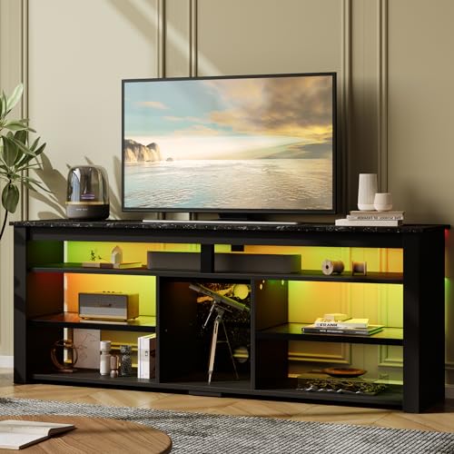 Bestier TV Stand for 65/70 inch TV, Tall Entertainment Center with 2 Led Lights, Gaming TV Console with Storage for PS5, Modern TV Cabinet for Bedroom, Living Room, Black Marble Bestier