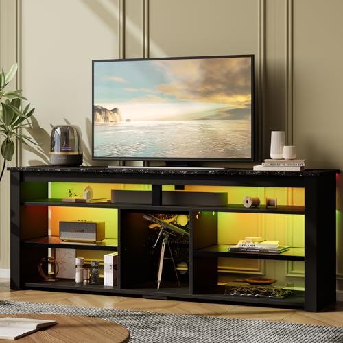 Bestier TV Stand for 65/70 inch TV, Tall Entertainment Center with 2 Led Lights, Gaming TV Console with Storage for PS5, Modern TV Cabinet for Bedroom, Living Room, Black Marble