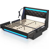 Rolanstar Full Bed Frame with LED Lights and Charging Station, PU Leather Bed with Drawers, Wooden Slats, Noise Free, Easy Assembly, Black Rolanstar