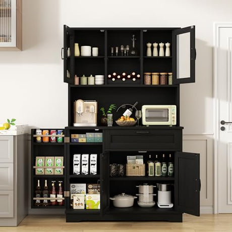 Shintenchi Kitchen Pantry Storage Cabinet, Freestanding Buffet Cabinet with Microwave Stand & 4 Door Shelves, Kitchen Hutch with Doors, Adjustable Shelves and Wine Rack, Black Shintenchi