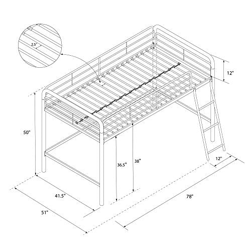 DHP Silver Junior Loft Bed Frame with Ladder - Twin Size