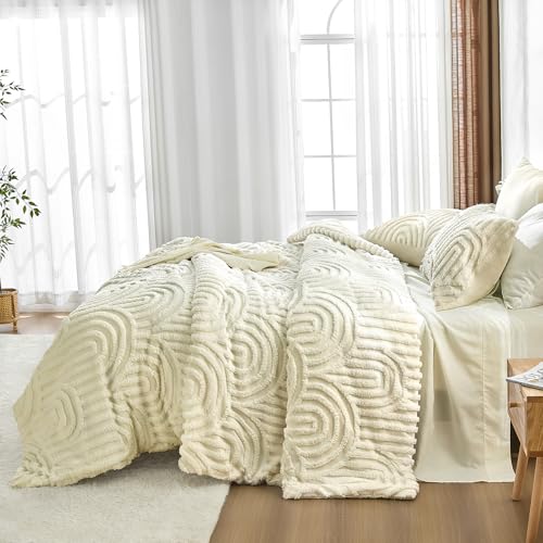 Nesker Boho Queen Comforter Set, 7 Pcs Tufted Beige Bedding Sets, Soft Cozy Chic Bed in a Bag, Arch Pattern Shabby Bed Set All Season with Comforter, Fitted Sheet, Flat Sheet & Pillowcases Nesker