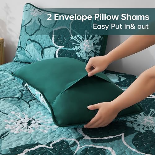 Luxudecor Floral Quilt Set King 3 Pieces Dark Green Flower Quilt Coverlet Set with 2 Pillow Cases, Lightweight Soft Microfiber Reversible Boho Bedspread for All Seasons 108"x92" Luxudecor