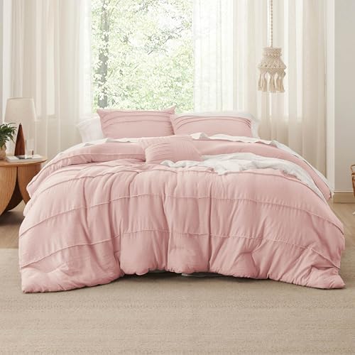 Bedsure Full Comforter Set - 4 Pieces Pinch Pleat Bed Set, Light Pink Boho Bedding for All Season, 1 Soft Comforter, 2 Pillowcases, 1 Decorative Pillow Bedsure