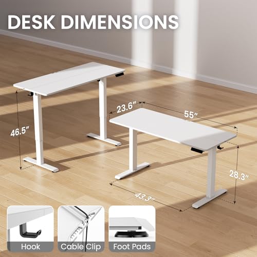 Veken 55 x 23.6 Inch Electric Standing Desk with Adjustable Height, Sit to Stand Computer Table for Study, Work or Gaming, Home Office Desk White Veken