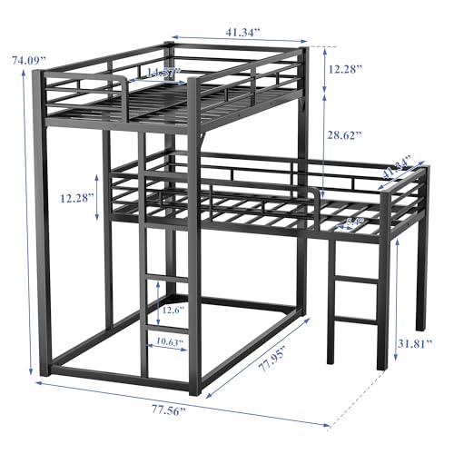 PVWIIK Heavy Duty L-Shaped Triple Bunk Bed for Kids Bedroom,Twin Over Twin Over Twin Metal Bunkbeds with Ladder & Safety Guardrail,Easy Assembly Metal Bed Frame, Black PVWIIK