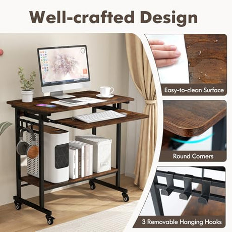 Tangkula Rolling Computer Desk Cart with Keyboard Tray, Mobile Portable Laptop PC Desk with CPU Stand & 3 Hooks for Sofa & Bed, Industrial Small Desk on Wheels for Small Spaces, Home Office Desk Tangkula