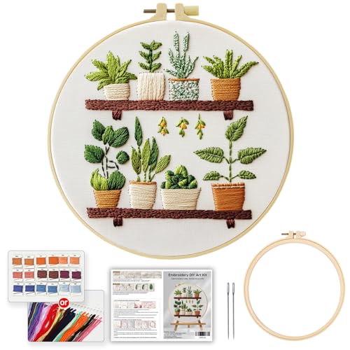 JOZYSH Full Range Embroidery Kit for Adult, Green Plant Pattern Embroidery Kit for Beginners Include Embroidery Cloth Hoops Threads for Craft Lover Hand Stitch with Embroidery Skill Techniques