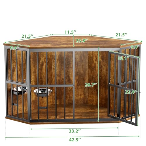 MODCART Medium Dog Crate Furniture, 42” Heavy Duty Corner Dog Crate with 2 Stainless Steel Bowls, Dog Kennel Furniture Style House, Wooden Decorative Pet House End Side Table, Chew-Resistant, Rustic MODCART