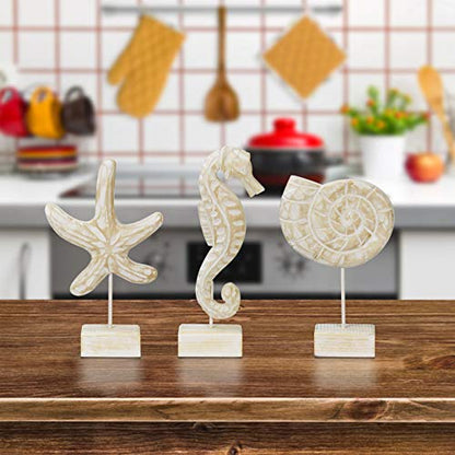 Exttlliy 3pcs Wood Handmade Beach Nautical Style Figurines Starfish/Conch/Seahorse Statue Home Decor