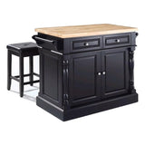 Pemberly Row Wood Butcher Block Top Kitchen Island with Square Stools in Black Pemberly Row