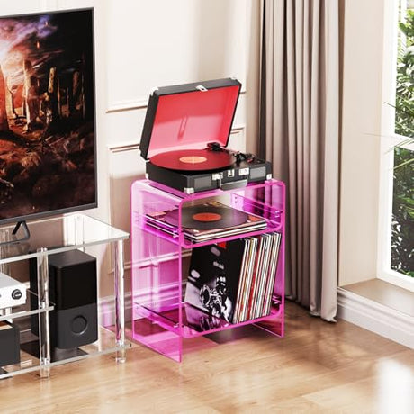 Acrylic Record Player Table with Storage Shelf, Clear Side Table Nightstand (Pink, Large) Acrylicolor
