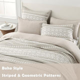 Qiqiong Boho Quilt Set Queen Size - 100% Cotton Boho Striped Quilt Bedding Set - Beige and White Bohemian Quilt Set with Shams 3 Piece - All-Season Lightweight Coverlet & Bedspread Set Qiqiong