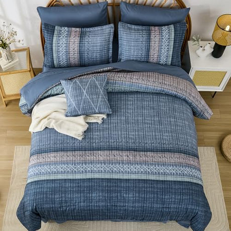 Dintszyayue Blue Comforter Set King Size, 8 Pieces Boho Striped Bed in a Bag Soft Microfiber Bedding Set for All Season Dintszyayue