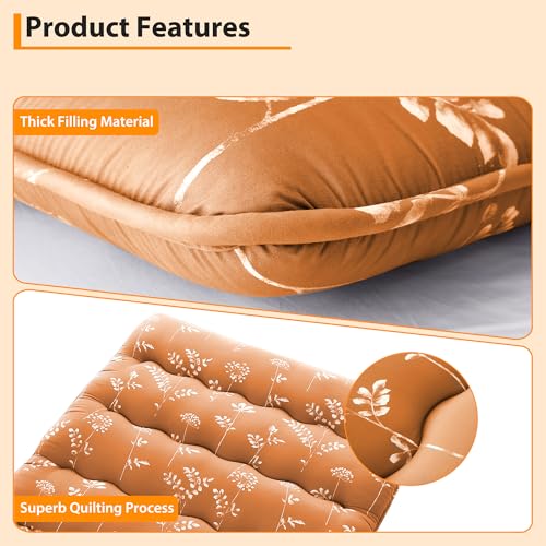 IDEALHOUSE Japanese Floor Mattress, Roll-Up Futon, Full Size, Flowers Printed Thicken Futon Mattress for Floor, Microfiber Cotton Sleeping Pad for Guest Room, Camping and Kids Play Mat, Brick Red IDEALHOUSE