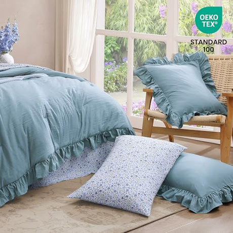 BLOOMHAVEN Queen Comforter Set - 7 Pieces Ruffle Blue Bedding Sets, Shabby Chic Farmhouse Bed in a Bag Queen with Ruffle Comforter, Floral Sheets, Pillowcases & Shams BLOOMHAVEN