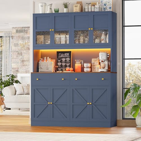 FINETONES 71" Pantry Cabinet with LED Light and Charging Station, Farmhouse Kitchen Pantry Cabinet with Microwave Stand, 47.2" Wide Kitchen Hutch Food Pantry with Open Countertop, Blue FINETONES