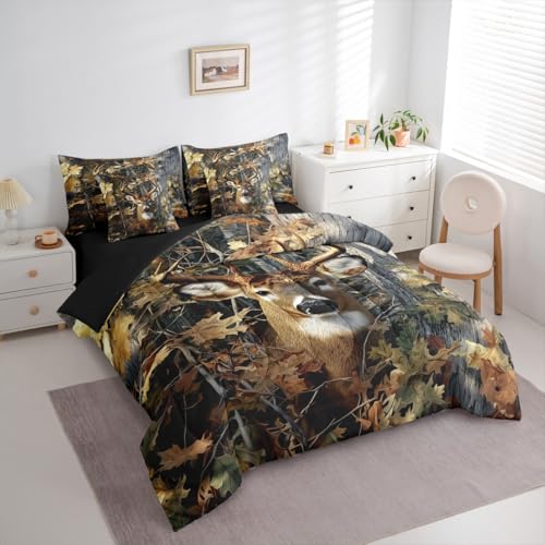 Erosebridal Deer Camo Queen Comforter Set with Sheets Rustic Hunting Bedding Set 7-Piece for Men Boys Kids Adults Camouflage Army Deer Bed in A Bag Vintage Hunting Animals Quilt Duvet Insert Erosebridal