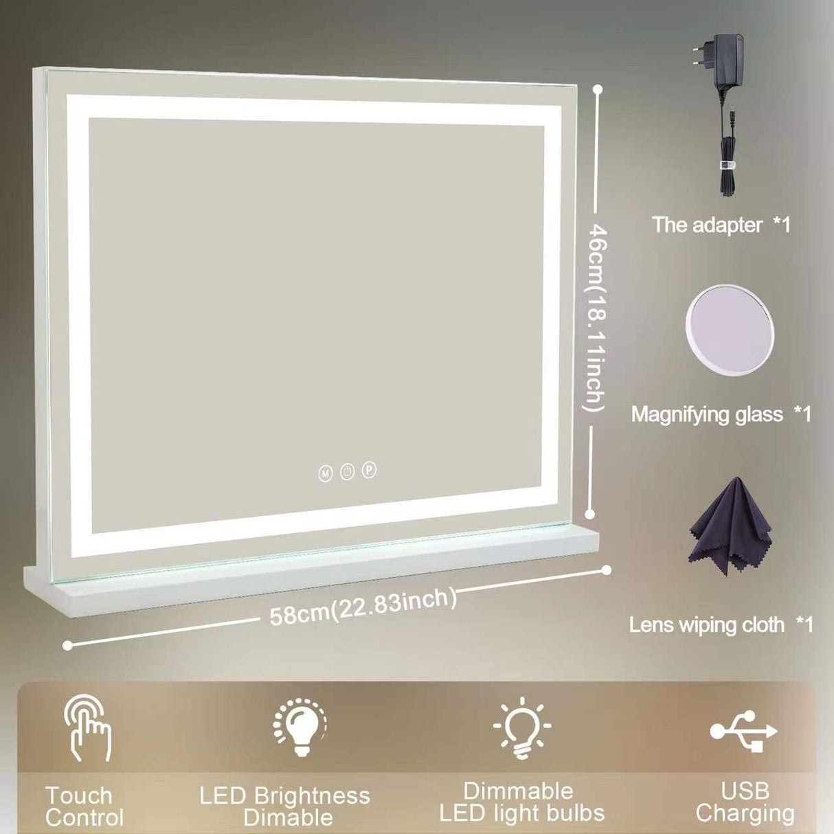 Sucedey Vanity Mirror with Lights, 23" x 18" Makeup Mirror, Hollywood Mirror with 3 Color Modes & Adjustable Brightness, Detachable 10x Magnification and USB Charging Design (White) Sucedey