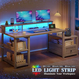 EnHomee 60.4" Computer Desk with Drawer & Power Outlet, Gaming Desk with LED Light, Office Desk with Monitor Stand, Farmhouse Study Desk, Work Desk for Home Office, Study Room, Bedroom, Ash Gray EnHomee