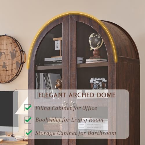 IFBUY 71" Tall Arched Bookshelf, 4-Tier Bookcase with Glass Doors and Shelves, Wooden Display Cabinet w/2 Large Storage Drawers, Modern Farmhouse Versatile Bookshelf for Living Room, Bedroom, Brown IFBUY