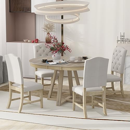 Merax Round Extendable Dining Room Table Set with Chairs for 4-6 Persons Solid Wood Round Kitchen Table and Chairs for Saving Space, Natural Merax
