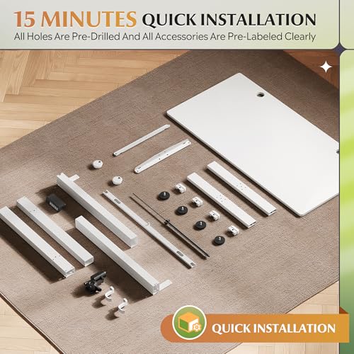 DEVAISE 48 x 24 Inch Standing Desk, Whole-Piece Electric Standing Desk with Adjustable Height, 3-Preset Memory Sit Stand up Desk, One Piece Desktop Computer Desk for Home, Office (White) DEVAISE