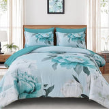 Dobuyly Floral Comforter Set Queen Size 7 Piece Bed in a Bag, Aqua Flowers Printed on Light Blue Comforter Set with Sheets, Soft Polyester Botanical Complete Bedding Set for All Season Dobuyly